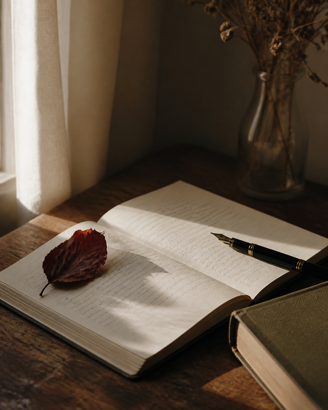 Cuaderno abierto, pluma y una hoja seca iluminados por el sol